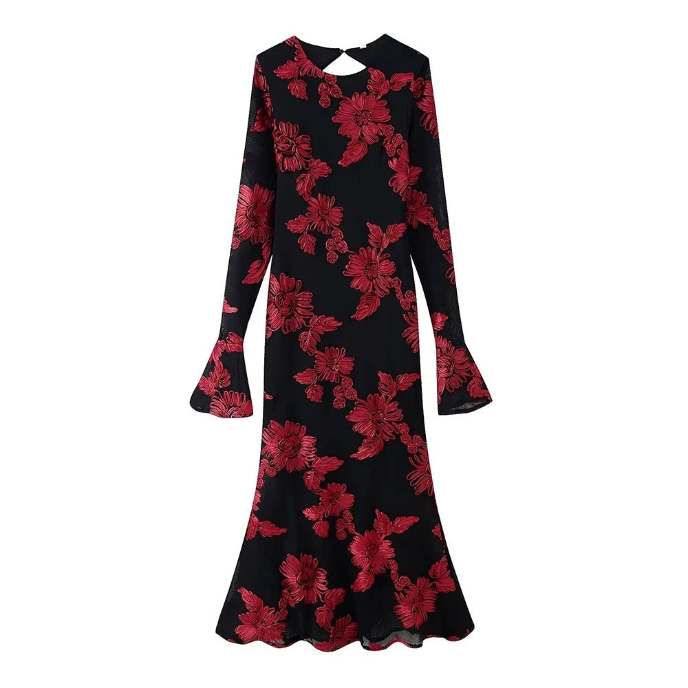 Elegant Backless Jacquard Evening Dress Long Sleeve Women's Party Gown
