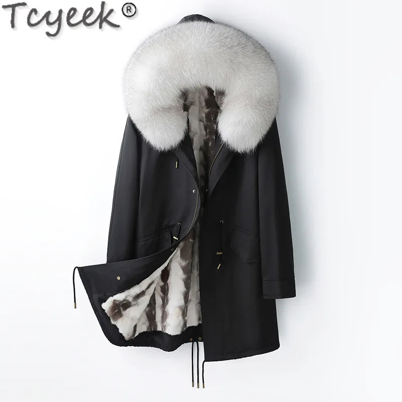 Tcyeek Natural Mink Fur Coat Man Hood Winter Jackets for Men Clothes Fashion Real Fur Parka Warm Fox Fur Collar Casaco Masculino