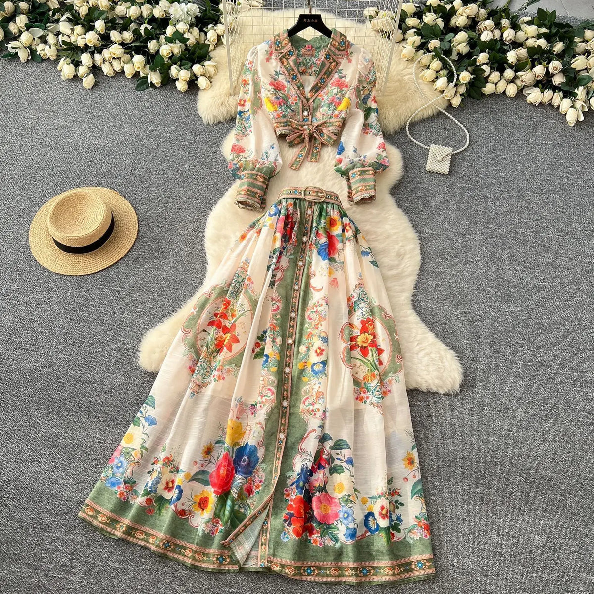 Maxy Elegant Floral Dress 2 Piece Skirt Sets Women Summer Autumn Palace Crop Top Print Shirt A Line Long Skirts Beach Outfit