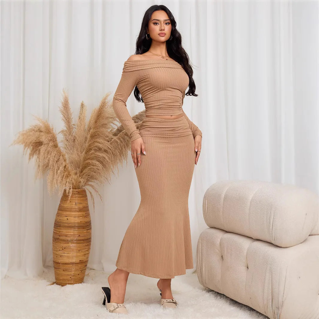 Women's Cold Wind Queen Fashion Set One Shoulder Top Hip Wrapping Long Dress Two Piece Suit