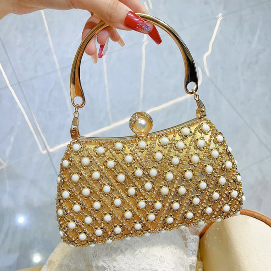 Maxy Luxurious Pearl Clutch Bags Women Shiny Crystal Diamond Evening Bags Metal Decorative Chain Banquet Handbags Shoulder Bags