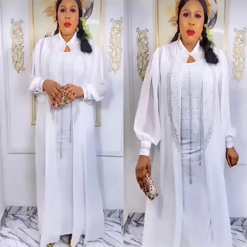 Maxy 2 Piece Set African Dresses for Women Evening Dress Diamonds Party Gown Dubai Abaya Kaftan Chiffon Wedding Outfit