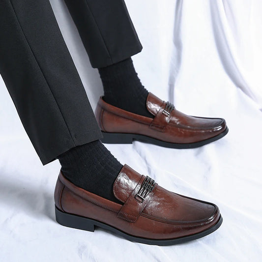 Amay Italian High-end Leather Slip-on Shoes Mens Business Dress Round Head British Slip-On Formal Casual Loafer Oxford Shoes Wedding