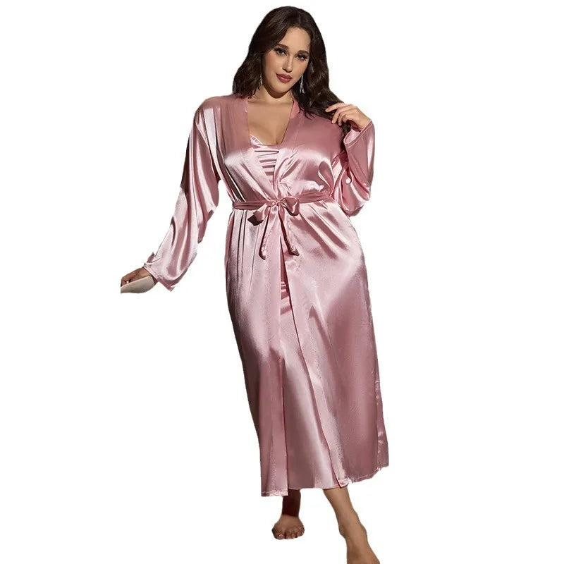 Maxy Big Size Women Nightwear Long Dress and Bathrobe Set for Ladies Pajamas Spring Summer Sexy Comfortable Home Wear Plus Size 2pcs