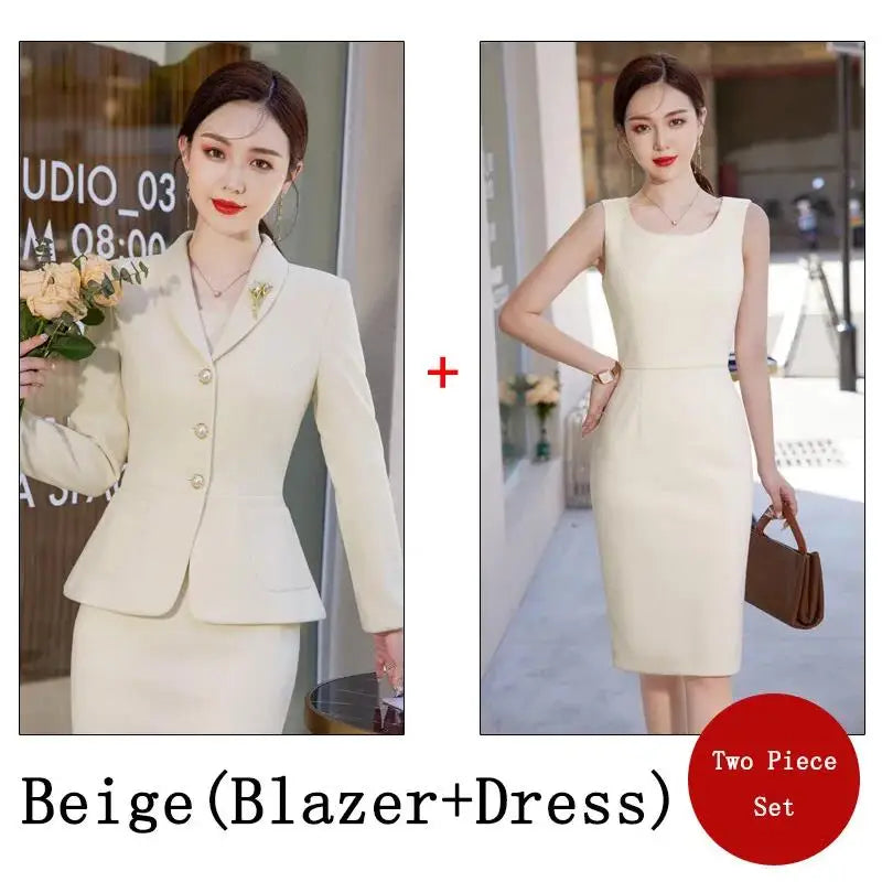 Maxy New Autumn Work Wear Women's Suit Elegant Solid Blazer +Sleeveless Dress 2 Piece Set Single Breasted Jacket Plus Size S-5XL