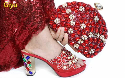 Momsey new Shoes and Bag Set African Sets 2019 blue Color Shoe Bag Set Decorated with Rhinestone High quality shoes