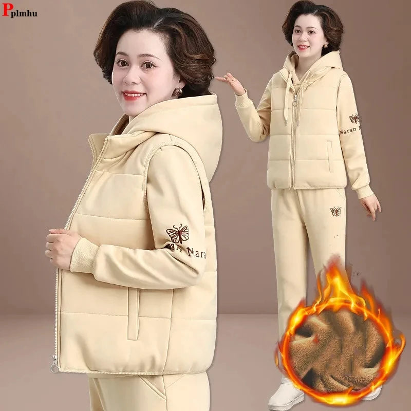 Winter Thick 3 Pieces Sets Vest Warm Outfit Loose Hooded Tracksuit High Waist Pant Suits Plush Lined Sweatshirts Woman Conjuntos