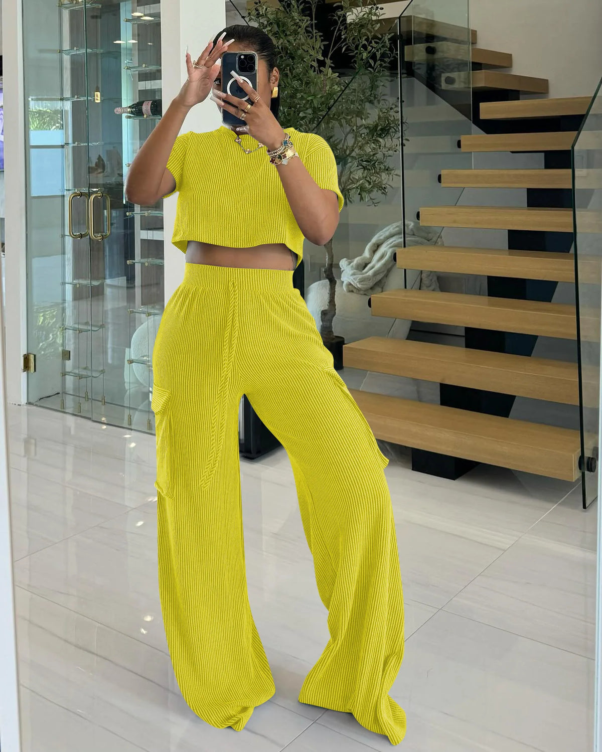 Maxy Casual Women's Suit Summer Short-Sleeved Crewneck Top And Wide-Leg Pant Outfits Solid Color Ladies Two-Piece Set