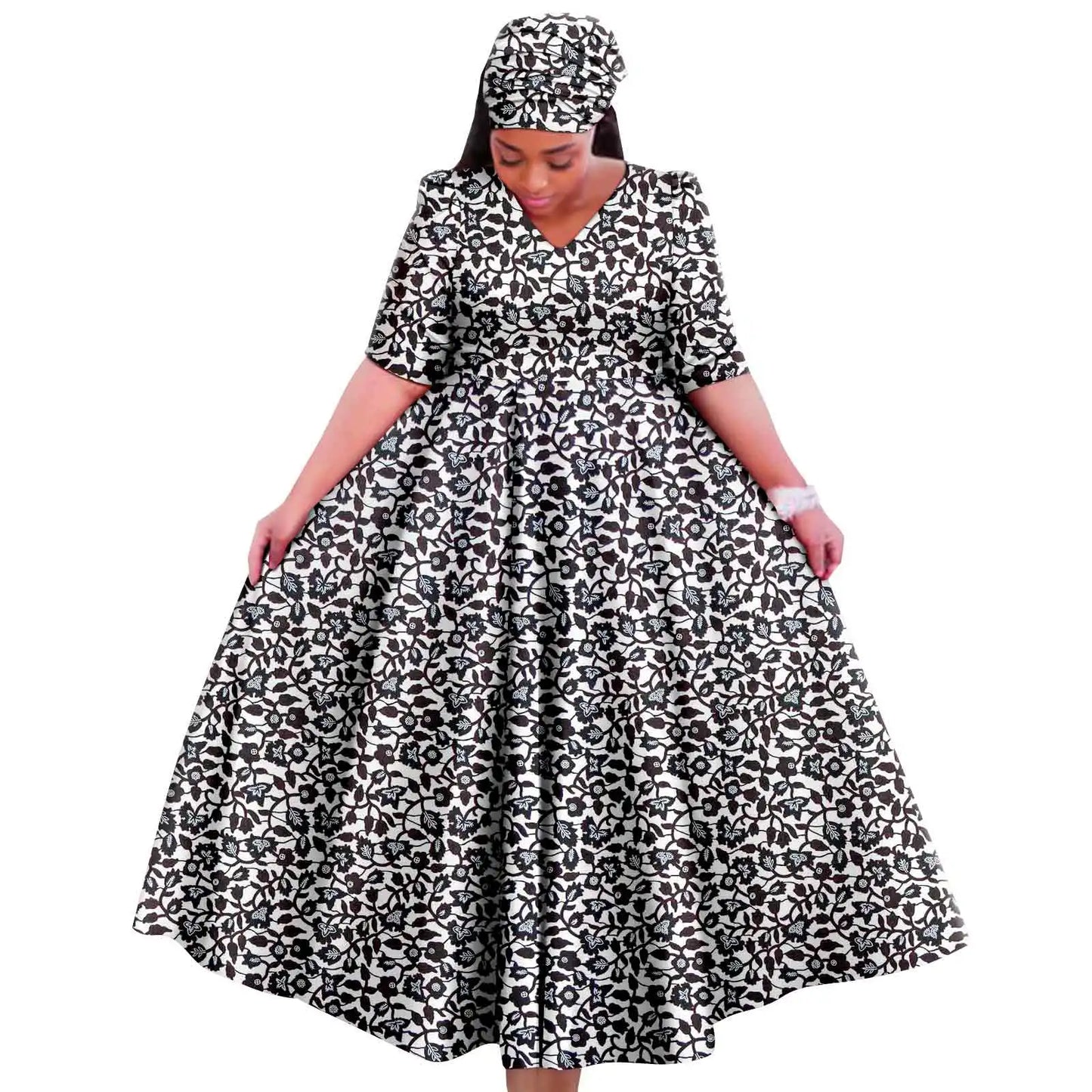 Maxy Church Dresses for Woman Traditional Party Gown V Neck Maxy Dress with Free Turban Wedding Africa Turkey Style 2425083