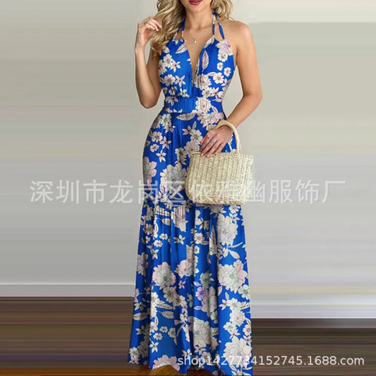 Floral Maxy Dress Long Backless Summer Elegant Gown for Women Vacation Beach Wedding Guest Outfit Flowy Evening Party Skirt