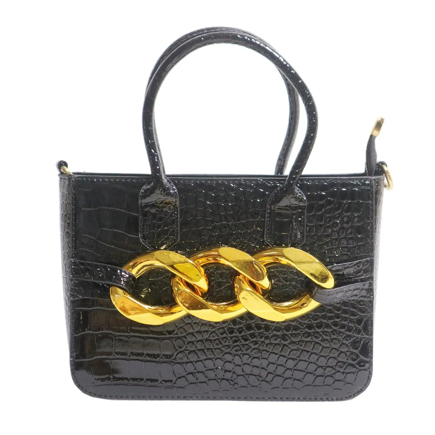 Maxy Big Metal Chain Decoration PU Handbags Matching Square Toe Flats Slippers Stone Pattern Shoes And Bag Set