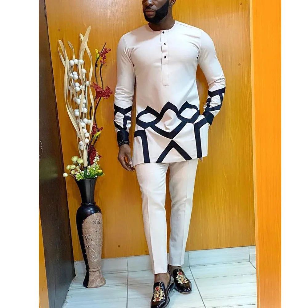 Amay Men Two Piece Outfit Set Long Sleeve Solid Color Panel Top and Pants Festival Party Set Ethnic Style Men's Suit