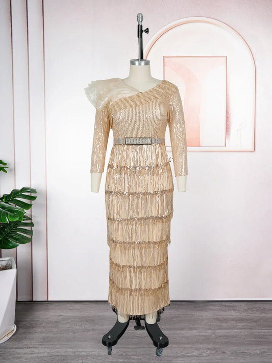 Maxy Plus Size African Party Dresses for Women New Dashiki Tassel Sequin Wedding Evening Gown Elegant Muslim Maxy Dress Outfits