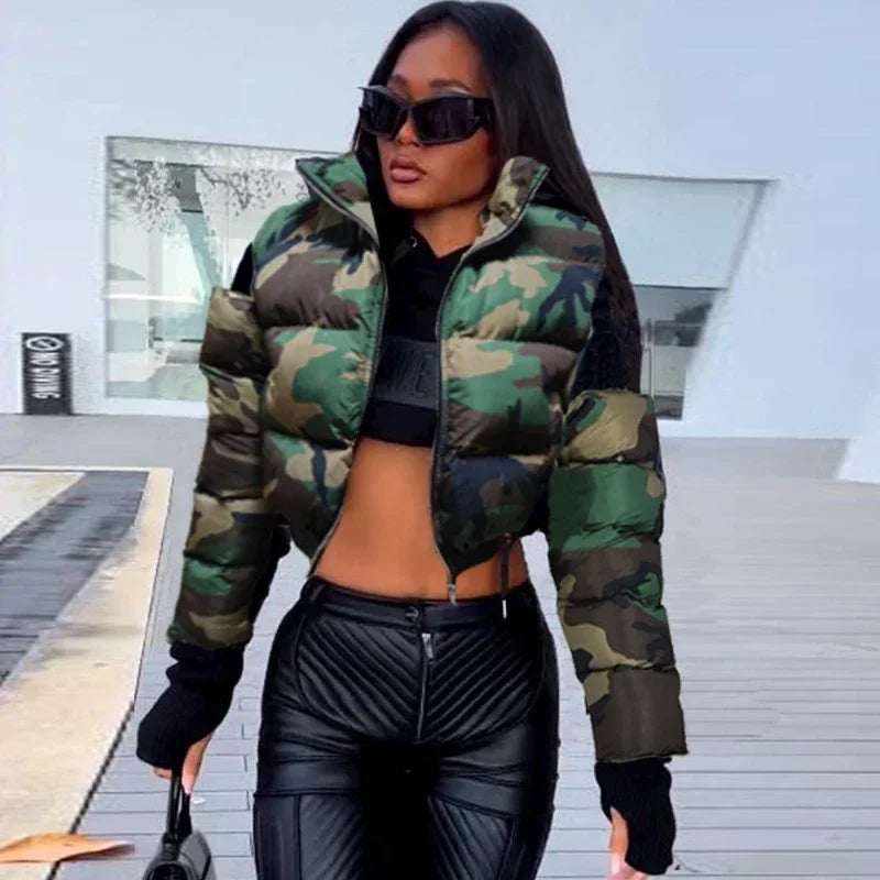Maxy Street Women Camouflage Zipper Puffer Jacket Hollow Out Sleeve Camo Bubble Coats Stand Collar Collect Waist Parkas Down Jacket
