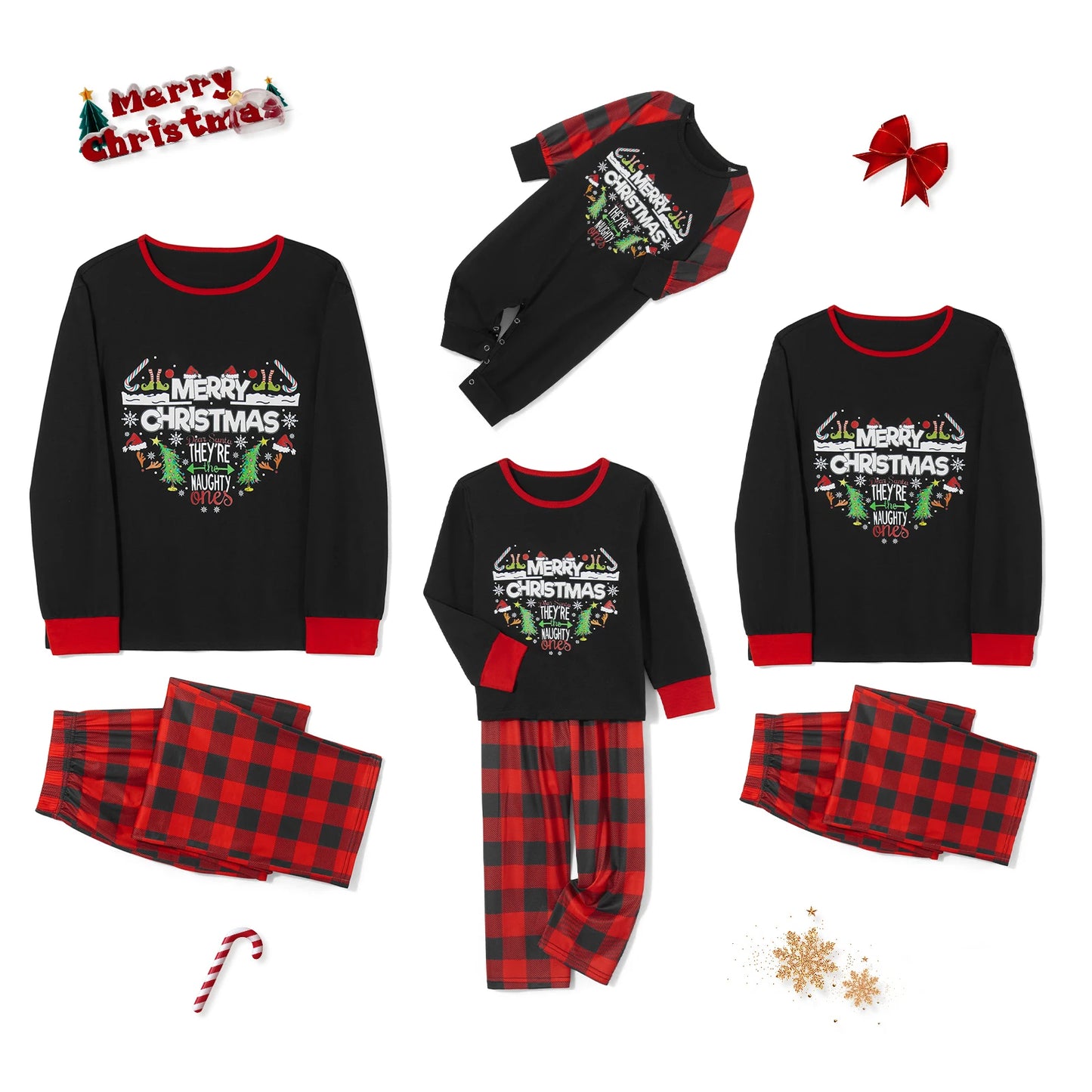 Festive Family Matching Christmas Pajamas Set with Heart Graphic Tops and Plaid Pants for Cozy Holiday Sleepwear