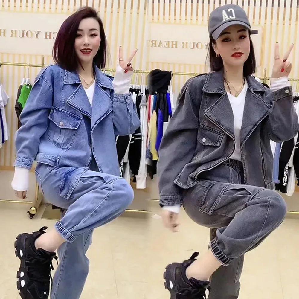 Maxy Autumn Oversize Denim Coat Jacket + High Waits Loose Jeans Women Pants Two-piece Outfits Women Denim Trouser Suit Fashion