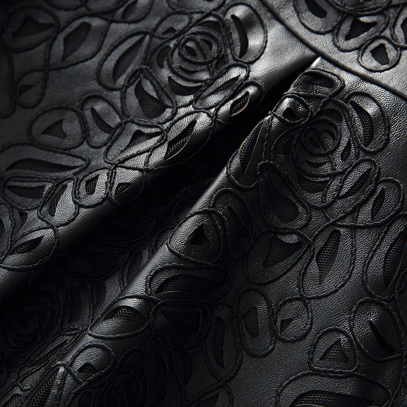 Amay Embroidery Hollow Out Sheepskin Windbreakers Female OL Style 100% Real Leather Medium Long Jacket Streetwear Stand Collar Coat