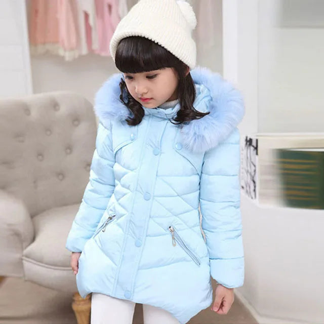 Maxy Kids Cothing Warm Padding Jacket For Girl Long Winter Thicken Parka With Fur Hood Children Outerwear Coats 4 6 8 10Year old