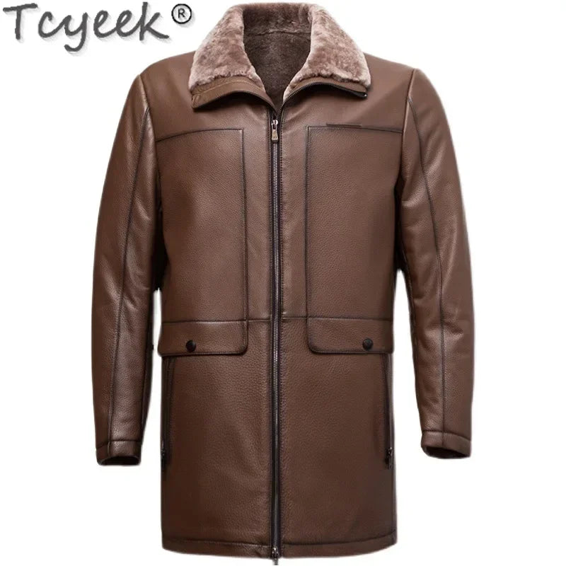 Tcyeek Genuine Leather Jacket Men Business Casual Real Cowhide Coats for Man Thickened Warm Wool Jackets Winter Clothes Overcoat