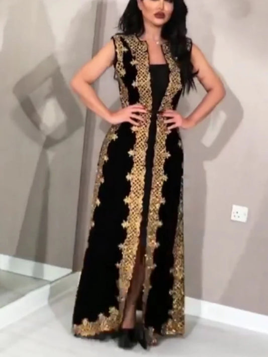 Maxy Two Piece Set Women Black Elegant Dress Summer Vintage Tank Leeveless Cardigan Embroided Floor Length Club Party Dresses