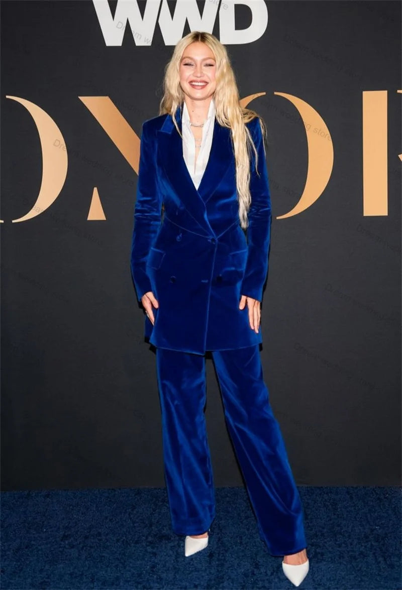 Maxy Velvet Blue Women Suit Set 2 Piece Blazer+Pants Formal Office Lady  Jacket Wedding Tuxedos Customized Business Coat Trousers