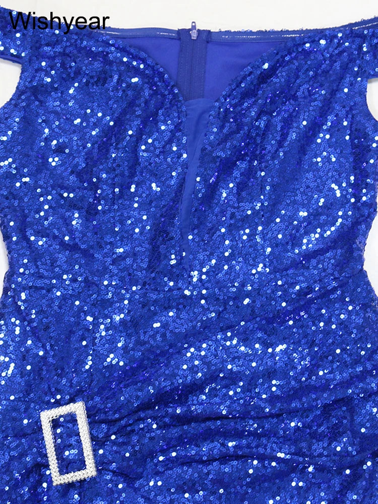 New Elegant Off The Shoulder Slash Neck Slit Evening Party Dress Women Luxury Sequin Patchwork  Birthday Prom Night Wedding Robe
