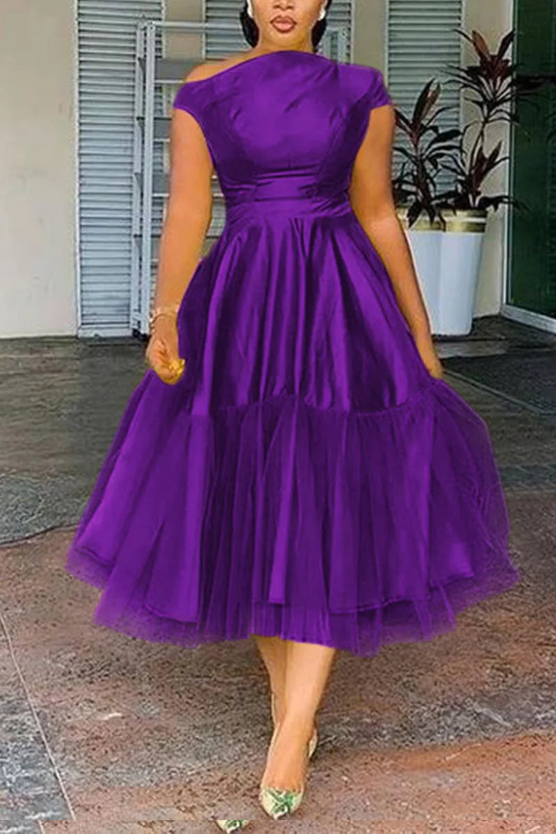 Maxy Plus Size Elegant A-line Tulle Midi Dress for Women Off The Shoulder Party Club Wedding Guest Prom Dresses Midwaist Dress