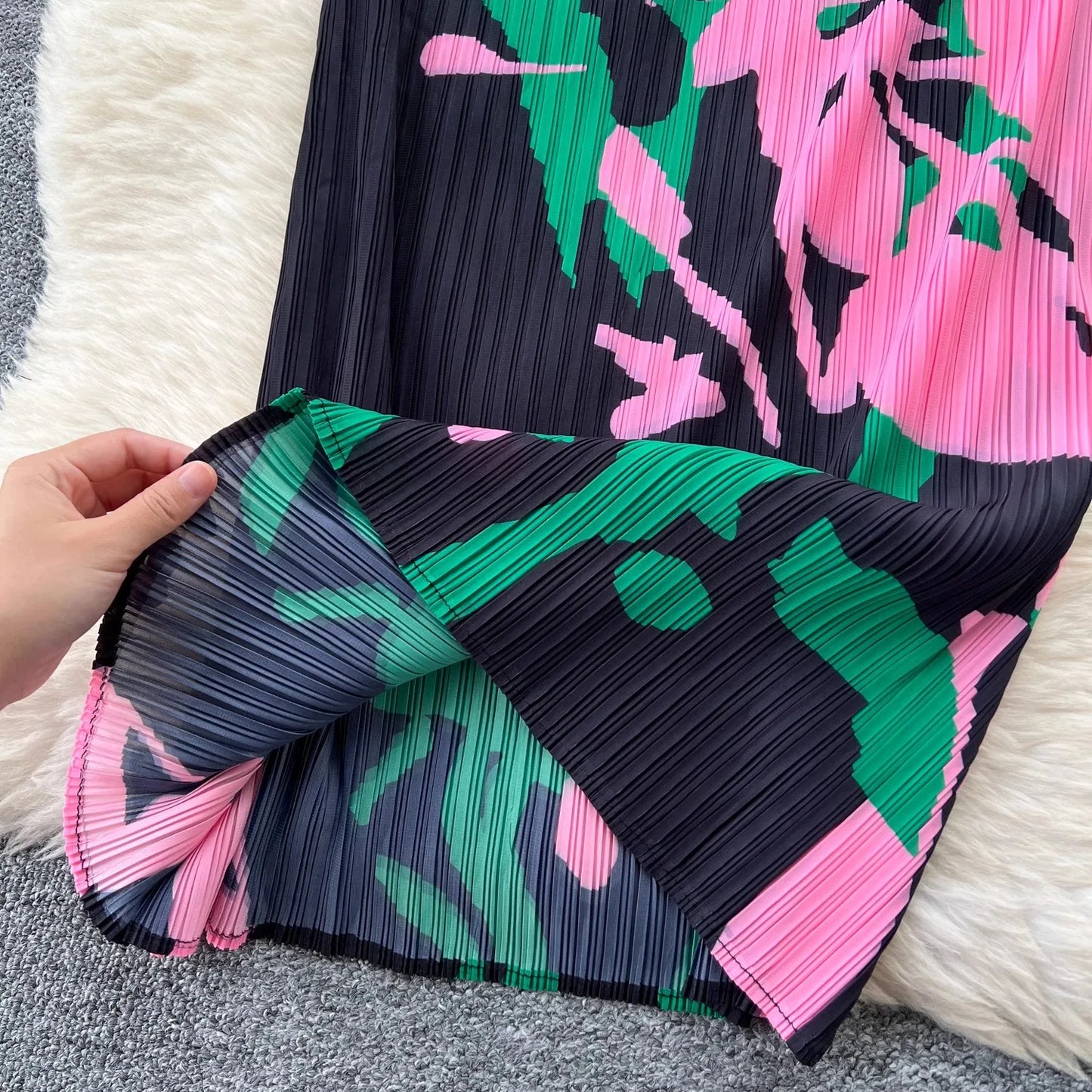 Maxy Summer Holiday Floral Print Miyake Long Pleated Dress Women Clothing Sleeveless High Stretch Straight Draped Loose Robe