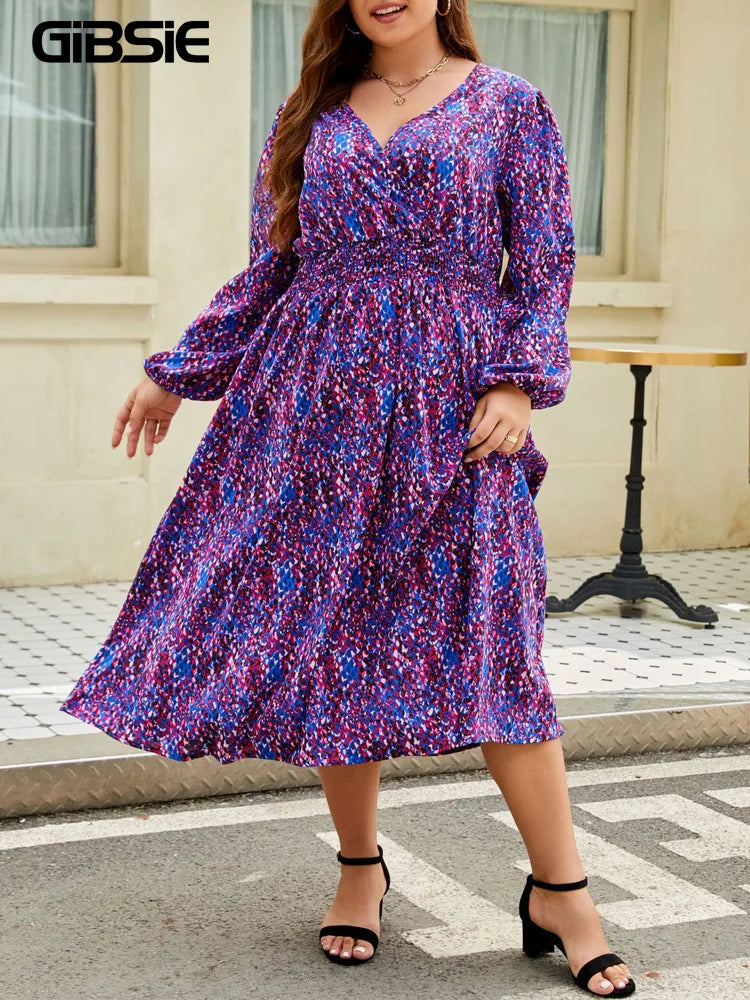Maxy Plus Size Boho Causal Print Long Dress Wrap V Neck Full Lantern Sleeve Elegant High Waist A-Line Dresses for Women