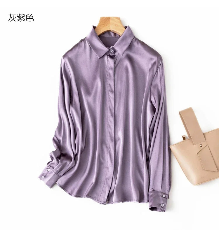 Mercygrace Women's 93% Mulberry Silk 7% Spandex 19 momme satin Silk Buttons long sleeve shirt Top Blouse office work chemise femme