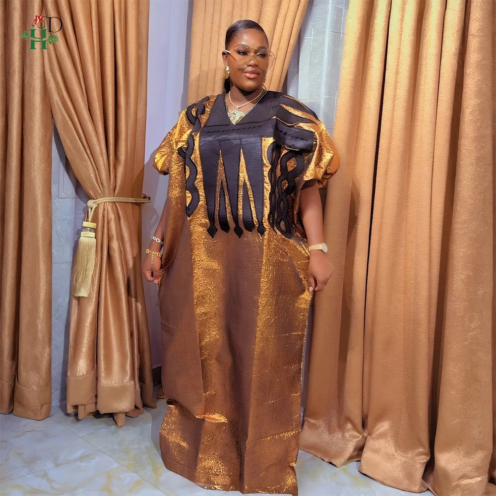 Maxy New Elegant African Women's Plus Size Kaftan Embroidery Dress V Neck Short Sleeve For Parties Cultural Events and Casual Outings