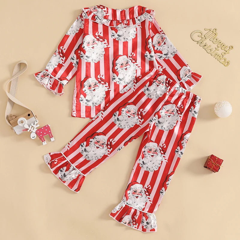 Little Girl Christmas Pajama Sets Santa Striped Doll Collar Button-up Tops Long Pant Satin 2 Pieces Ruffled Loungewear Set