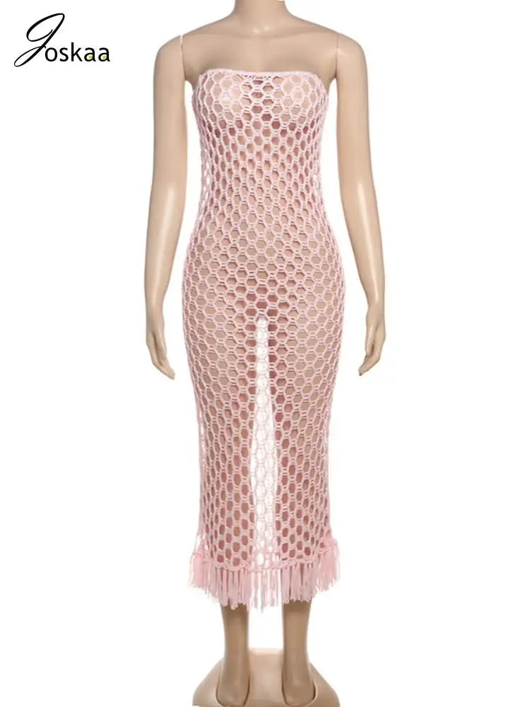 Maxy Joskar Women Summer Beach Style 2 Piece Set Sexy Knit Strapless Tassel Hem Dress+Bodysuit Matching Vacation Clubwear