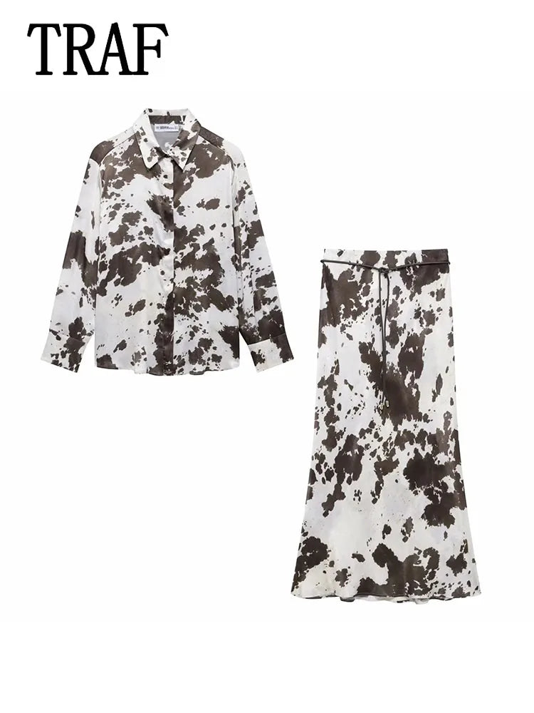 Maxy Printing Short Skirt Sets For Women 2 Pieces Outfit New Fashion Printing Top Casual Midi Skirts Womens Suit