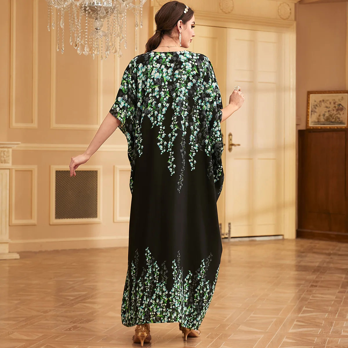 Maxy Summer Print Loose Dress Women Muslim Kimono Sleeve Robe Dubai Abaya Turkey Kaftan Marocain Caftan Arabic Party Gown