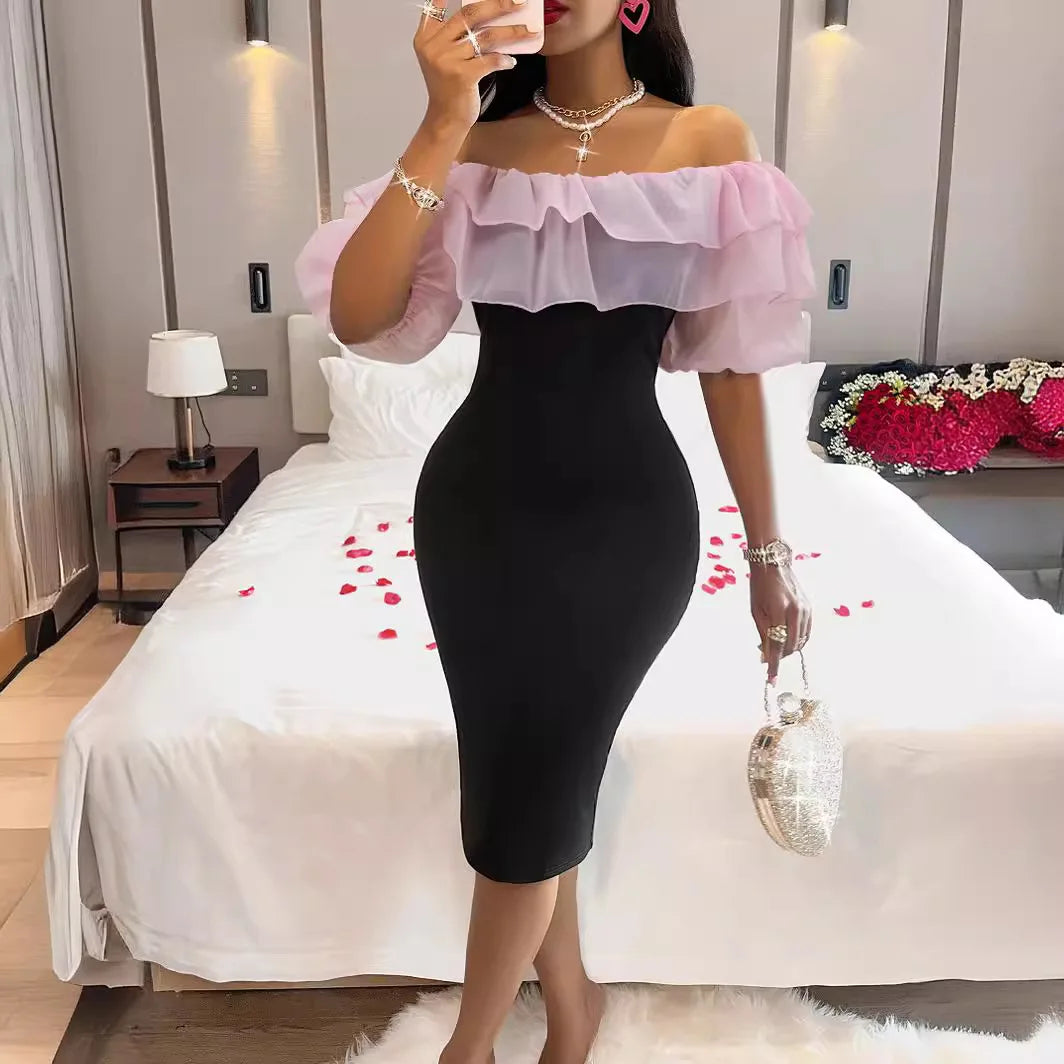 Maxy Dresses Summer Women's New One Shoulder Bubble Sleeve Wrapped Hip Dress Ladies Elegant Commute Party Banquet Slim Bodycon Dress