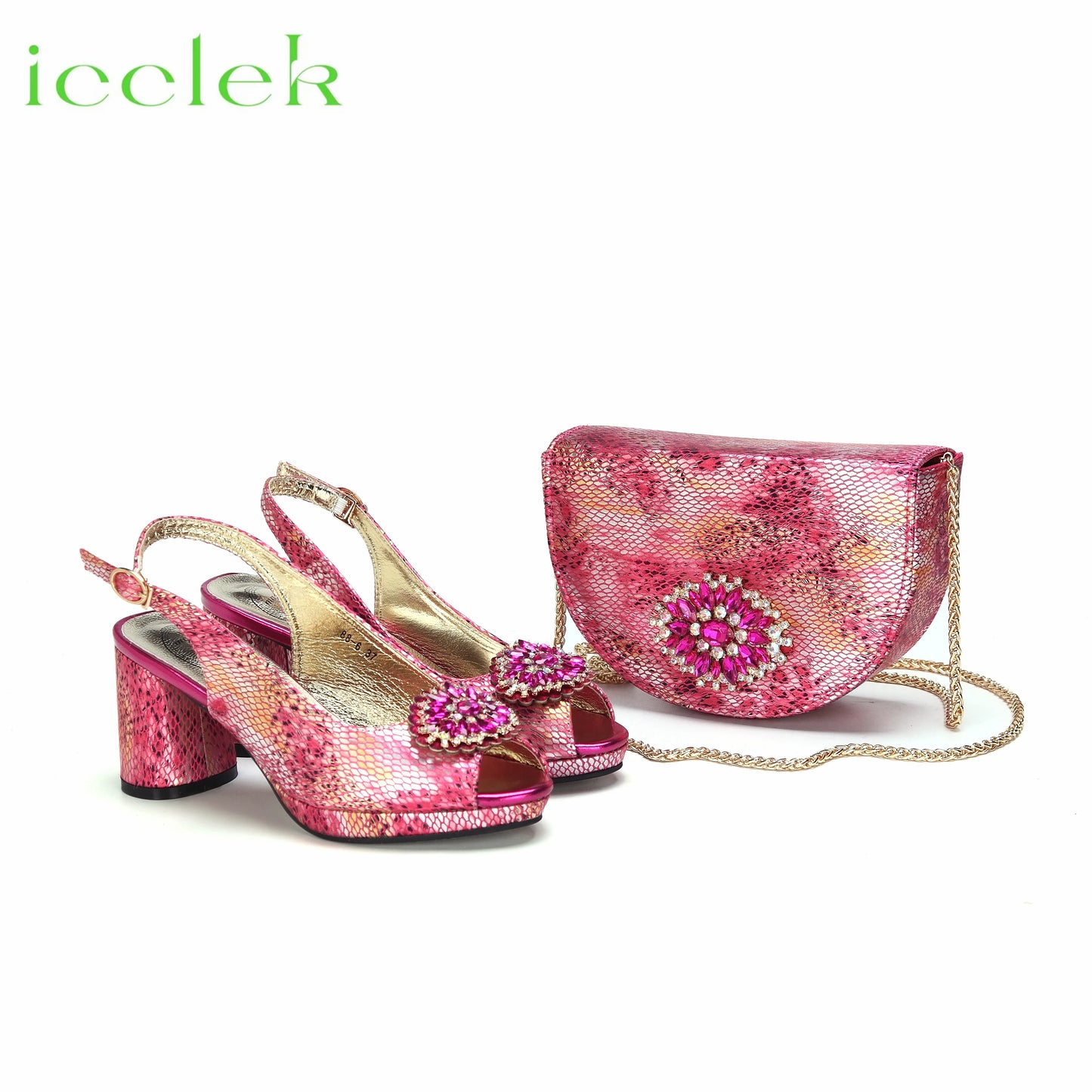 Babs High Quality Peep Toe Snake Pattern Special Design Ladies Party Shoes Matching Bag Set in Green Color