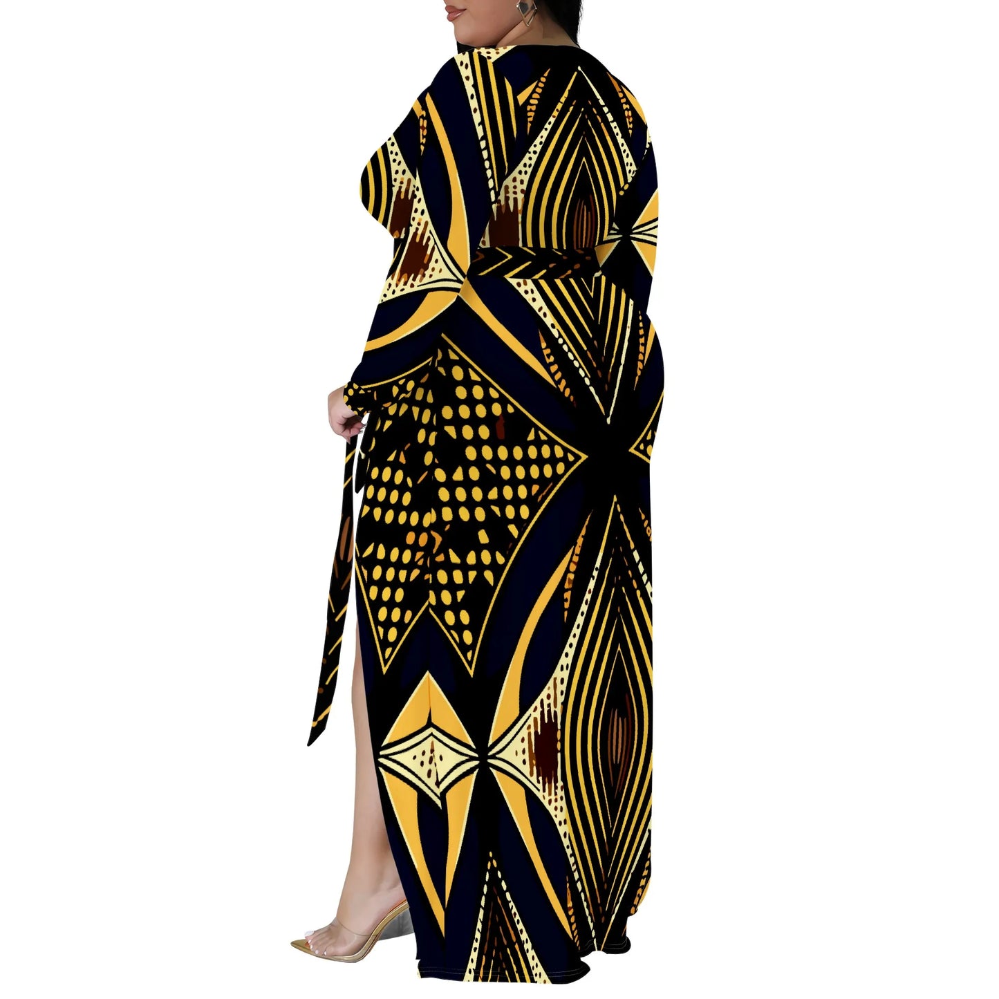 Amay Plus Size Long Sleeve Abstract Print Wrap Maxy Dress for Women, Elegant Dress with Side Slit for Evening Wear