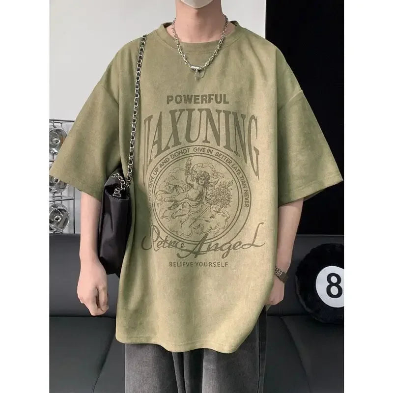 Military green American suede short-sleeved T-shirt men's summer heavyweight trendy brand retro oversize half-sleeve tops