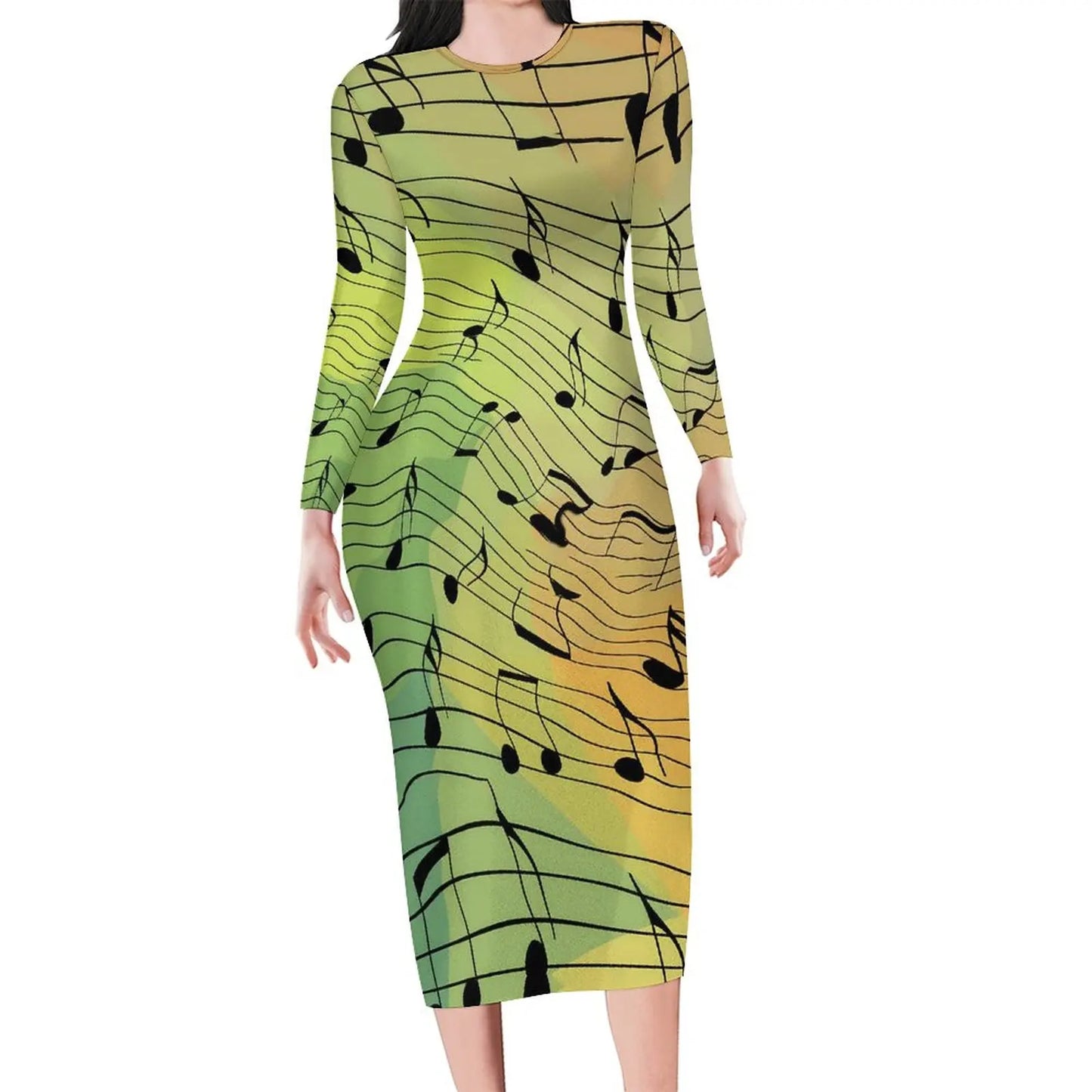 Amay Rainbow Music Notes Dress Long Sleeve Retro Print Kawaii Dresses Autumn Ladies Aesthetic Custom Bodycon Dress 3XL 4XL 5XL
