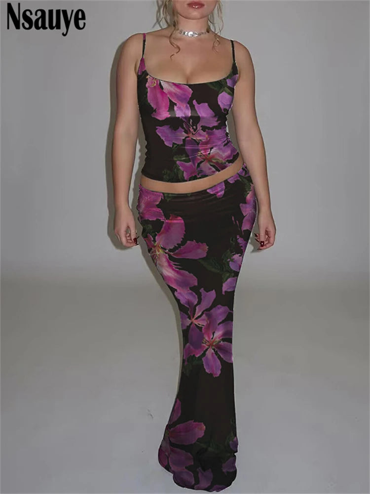 Maxy Women Party Sexy Skirt Dress New in Matching Two Piece Set Outfits 2025 Summer Tie-Dye Print Crop Top Long Club Skirt Set