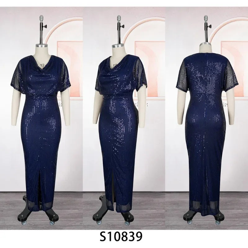 Maxy Plus Size L-3XL Fashion Evening Party Maxy Long Dresses African Glitter Large Size V Neck Women's Dress