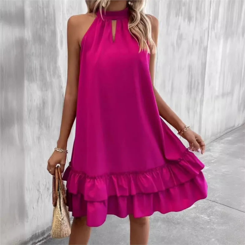 Summer New Solid Color Sleeveless Hanging Neck Series With Loose Ruffle Edge A-line Dress For Women's Fashion Midi Vestidos