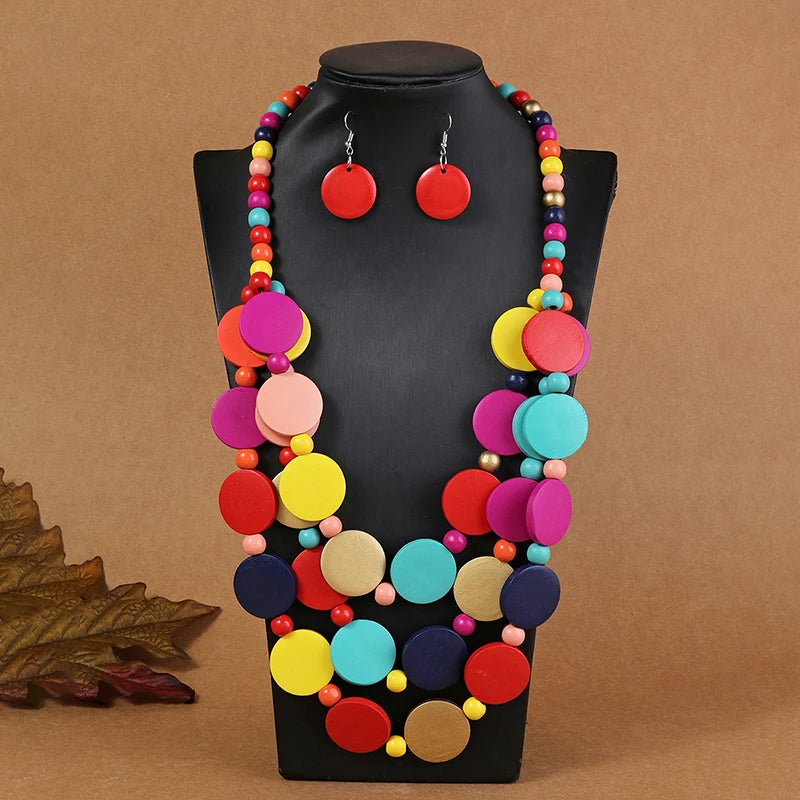 Amay Wedding Party Dress Wooden Beads Necklace Earring Jewelry Sets For Women