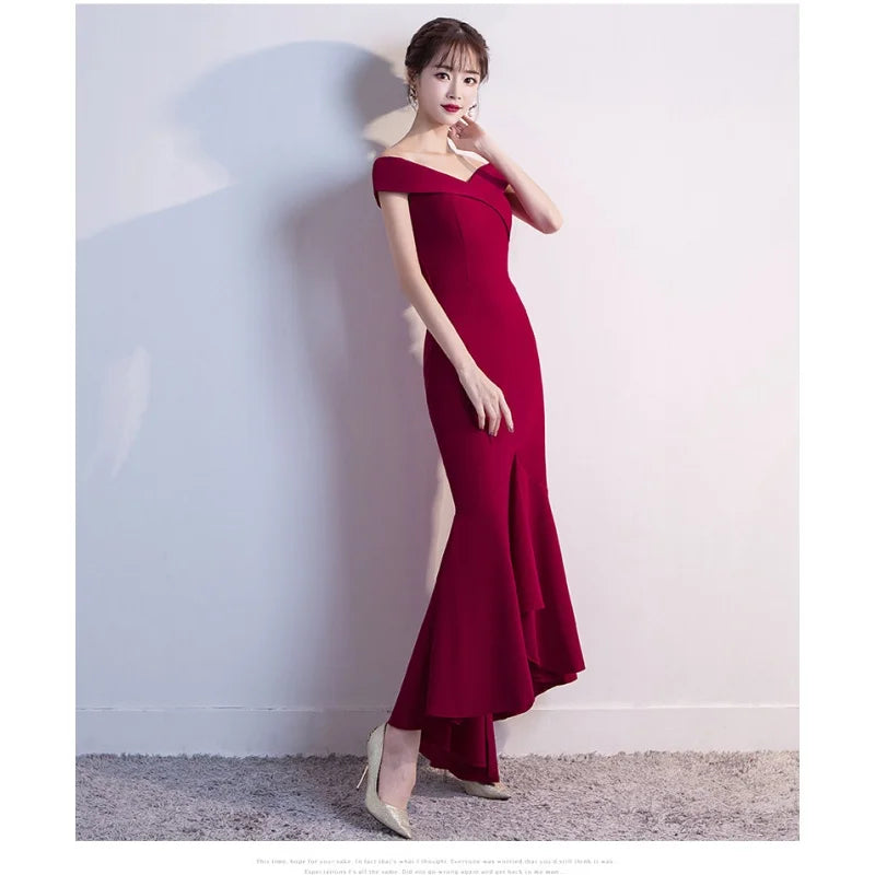 Maxy Evening Dresses Burgundy Sequins Stretchy Off the Shoulder Zipper Back Mermaid Trumpet Floor Knee Women Party Formal Gowns YE288