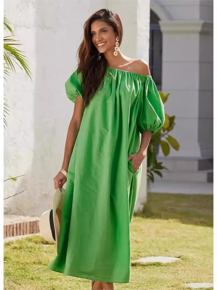 Maxy New Dress Casual Puff Sleeves Slant Shoulder Elegant Dress Fashion Green Loose Office Holiday Beach Party Dresses Robe Femme