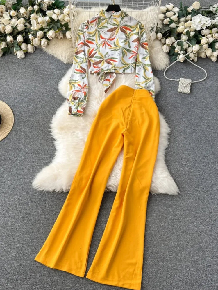 Amay Elegant Women Casual Print Pantsuits Vintage Shirts Tops High Waist Wide Leg Pants Two Pieces Set Female Party Outfits Clothes