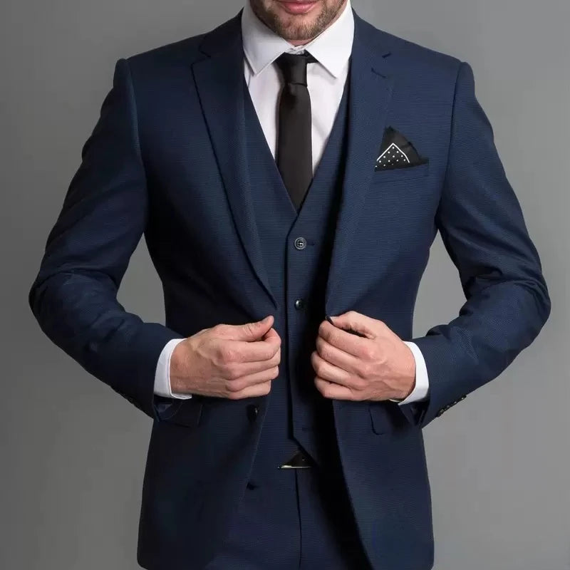 Amay Navy Blue Male Suits Slim fit Notched Lapel  Wedding Tuxedos 3 Piece Sets Tailor Made Business Mens Costume (Blazer+Pants+Vest)