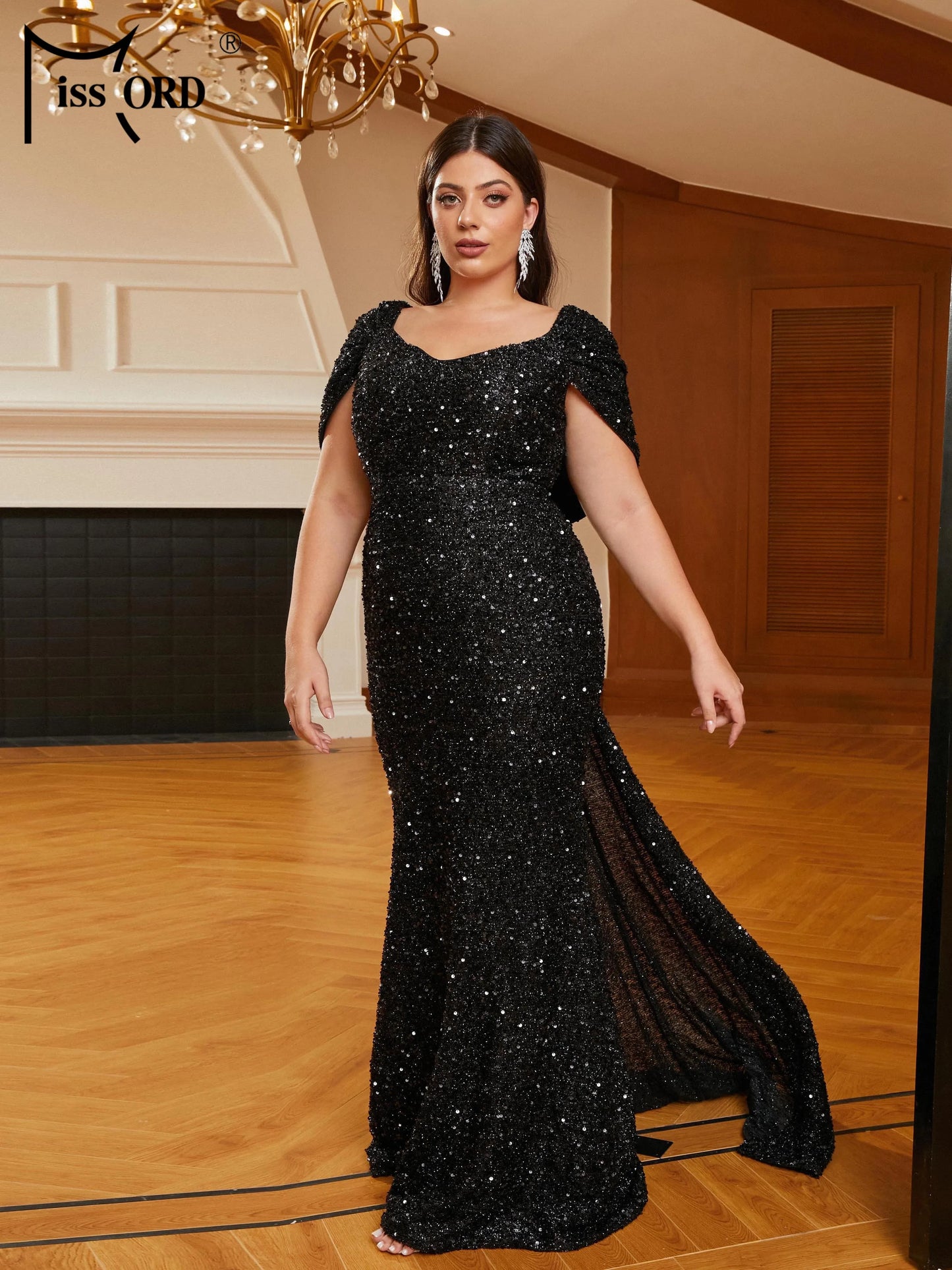 Momsey New Plus Size Black Draped V-neck Short Sleeved Sequin Mermaid Evening Floor Length Dress