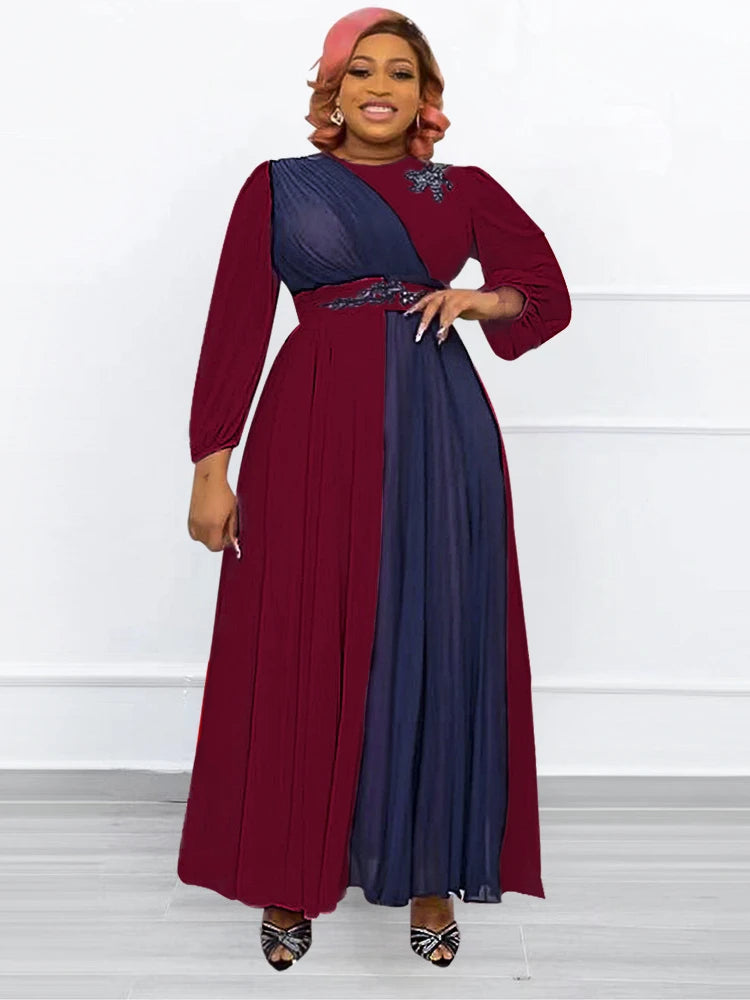 Amay Plus Loose Fitting Women's Patchwork Round Neck Long Sleeved Socialite High Waisted Dress Leisurely Vacation Robe